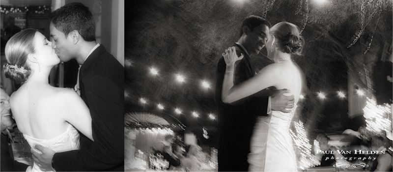 Holley and Kelvin enjoy their first dance of the night, out on the patio at the Stillwell House.