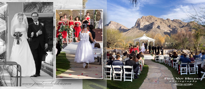Wedding ceremony at Reflections at The Buttes gazebo. Pusch Ridge and the Santa Catalina Mountains provide a magnificent background.