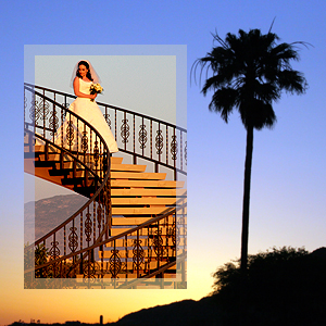 The Bride descends from a spiral staircase.