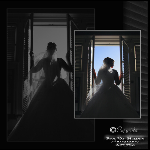 Bride peering out window at the Z Mansion.